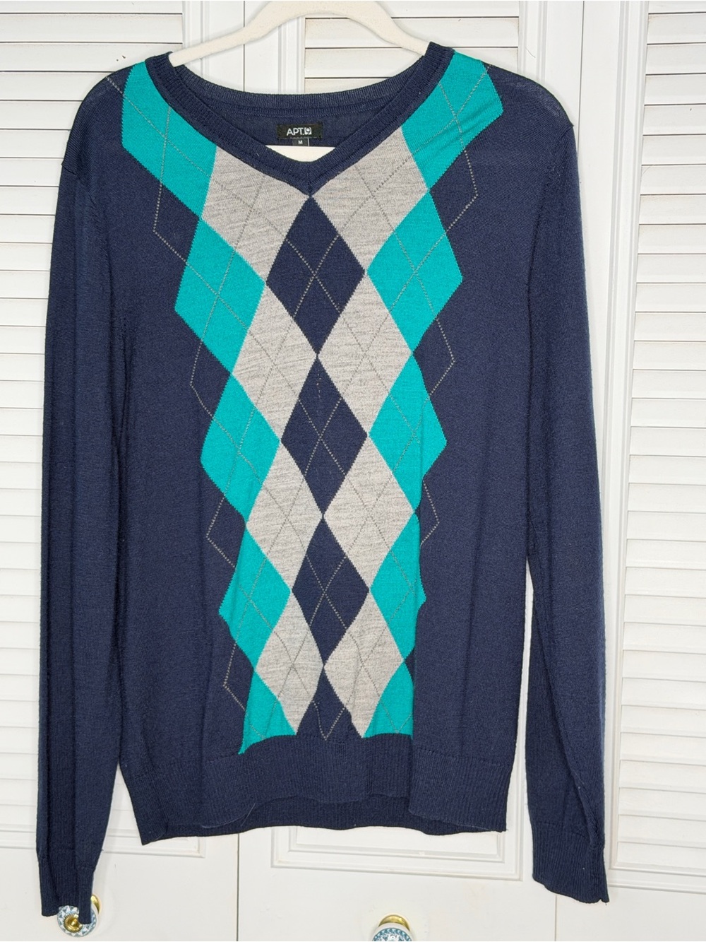 Apt. 9 Men’s Merino Wool Blend V-Neck Argyle Sweater Navy Blue Teal Gray M